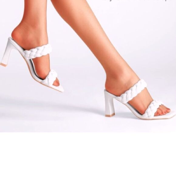 Carcuume Braided Double Strap Square Toe Chunky Slip On Backless High Heels - Picture 1 of 11